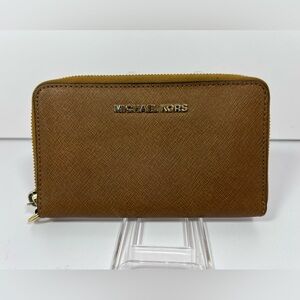 2118: Michael Kors Saffiano Zip Around Wallet Brown Long Gold Logo